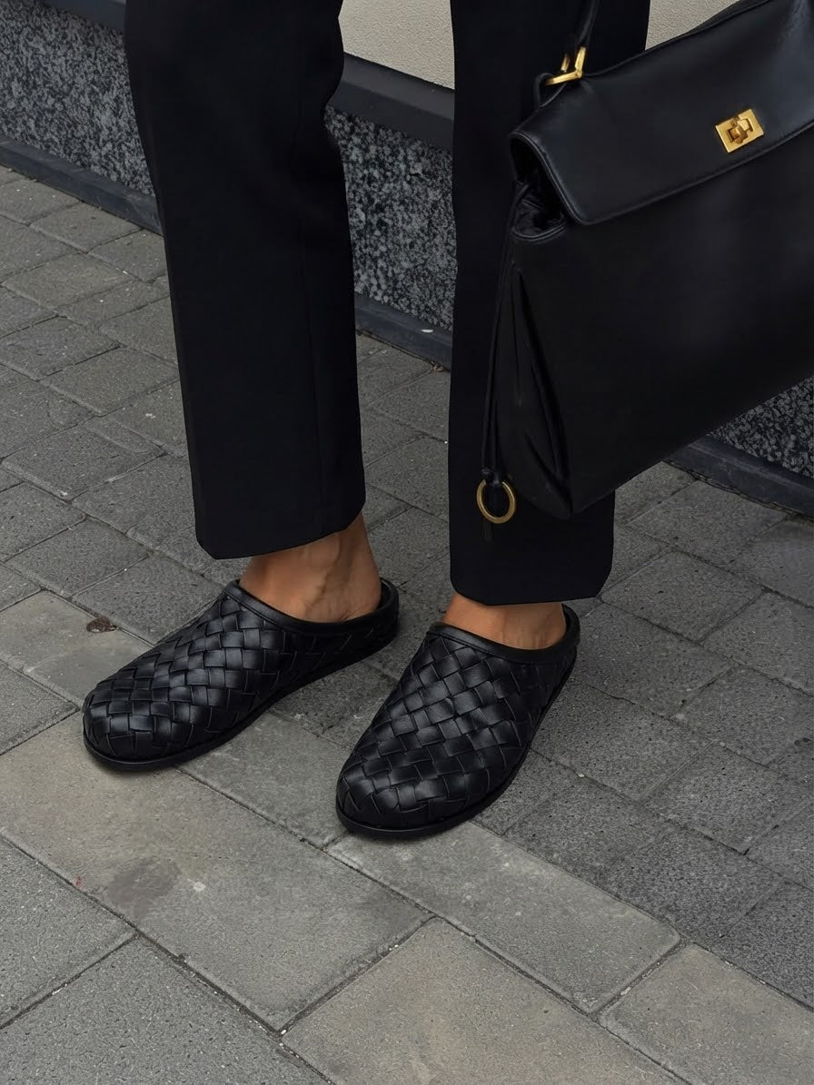Lucca Siyah Örgü Deri Slipper